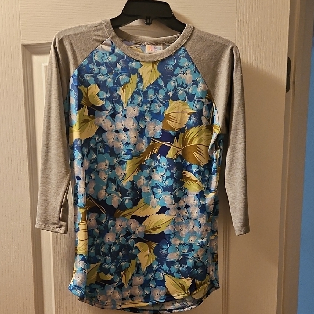 LuLaRoe Randy Tee Floral Blue and Gray Womens Raglan Shirt